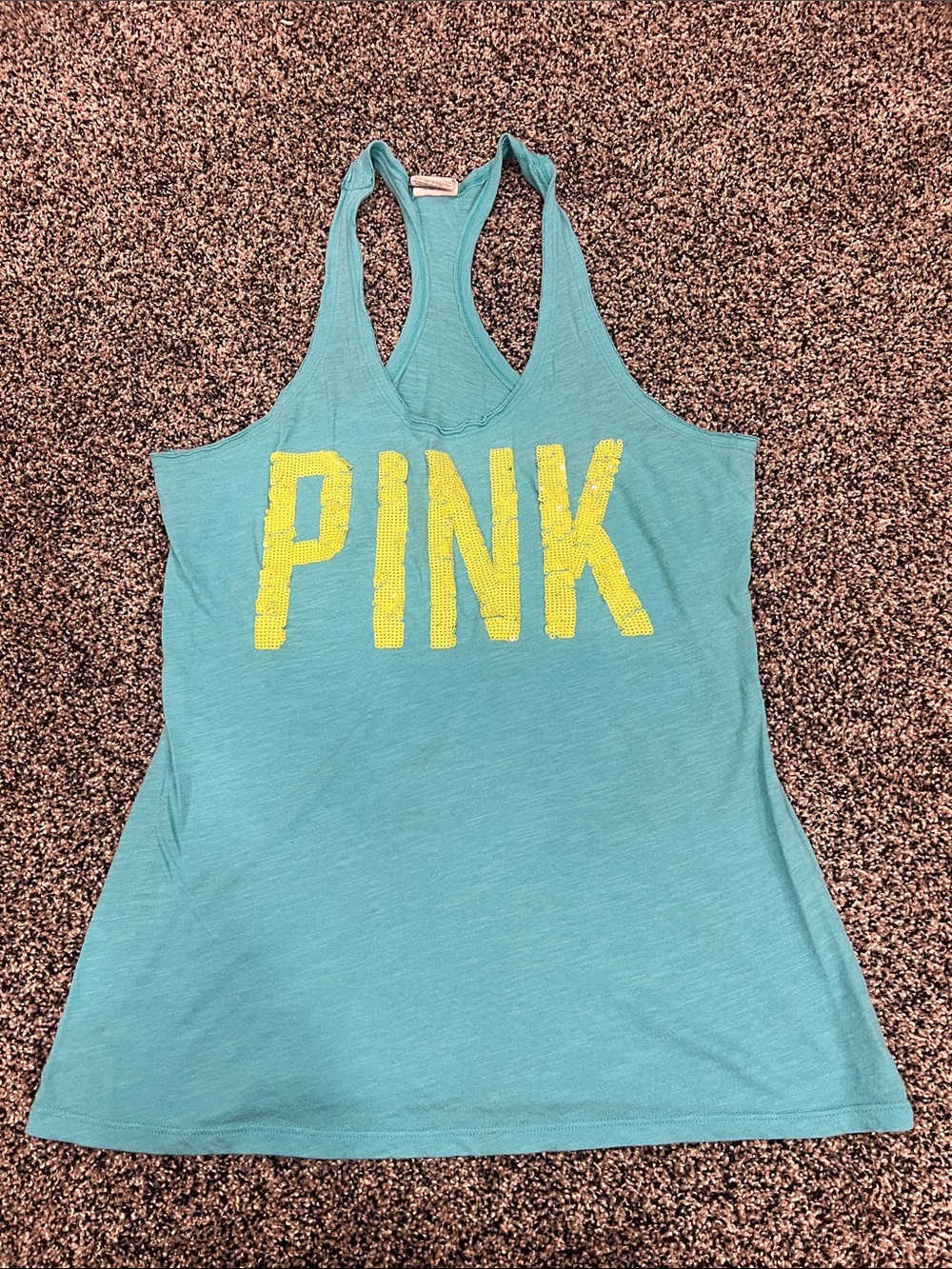 PINK Victoria's Secret Teal Racerback Tank with Yellow Logo